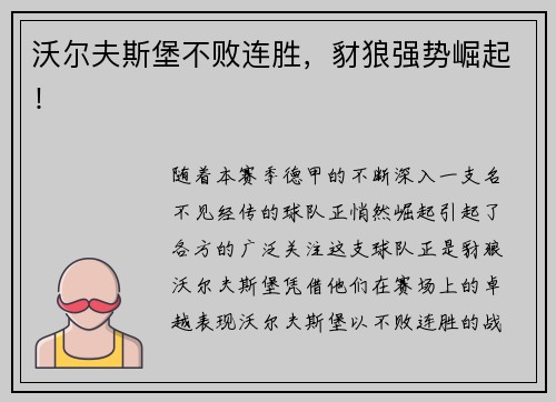 沃尔夫斯堡不败连胜，豺狼强势崛起！